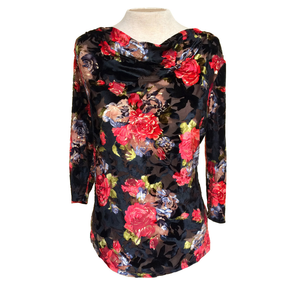 Tradition Semi Sheer Black Velvet Floral Blouse PM - Picture 1 of 8